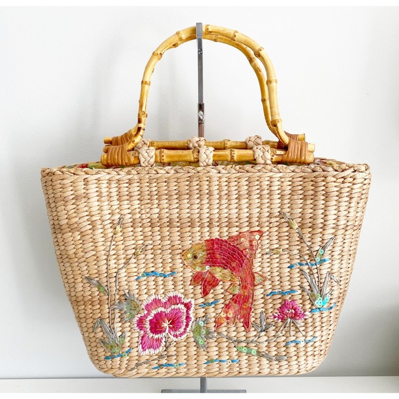 Cappelli Straworld Handbags - Cappelli Straworld Woven Straw Tote Bag Bamboo Handle Koi Fish Sequin Floral